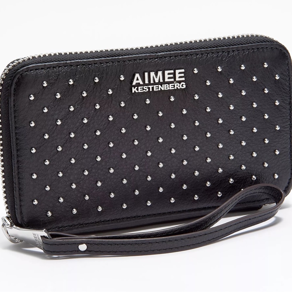 $98 Aimee Kestenberg Leather Large Zip Around Wristlet w/ RFID Black